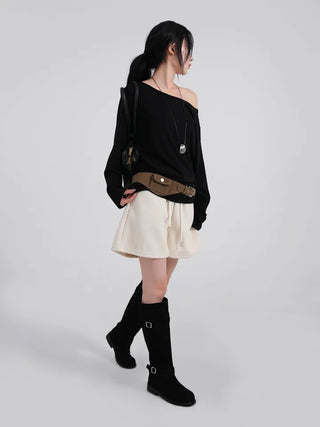 Polyester One-Shoulder Cream Loose Tee