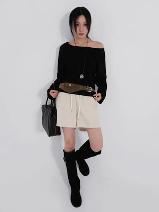 Polyester One-Shoulder Cream Loose Tee