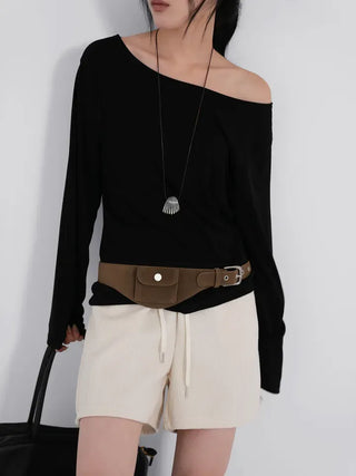 Polyester One-Shoulder Cream Loose Tee