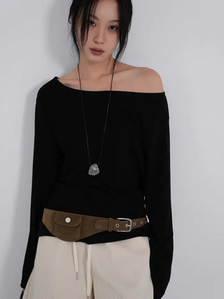 Polyester One-Shoulder Cream Loose Tee