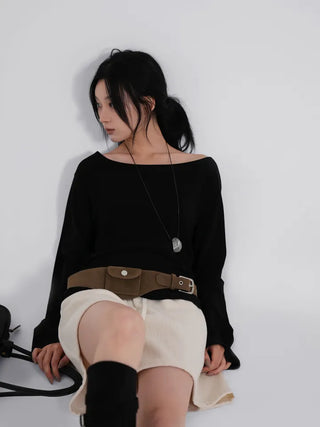 Polyester One-Shoulder Cream Loose Tee