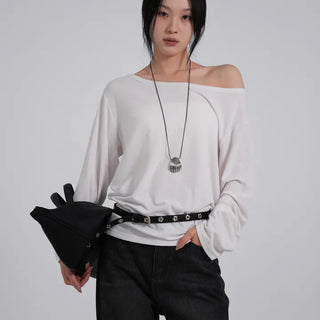 Polyester One-Shoulder Cream Loose Tee