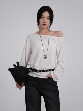 Polyester One-Shoulder Cream Loose Tee