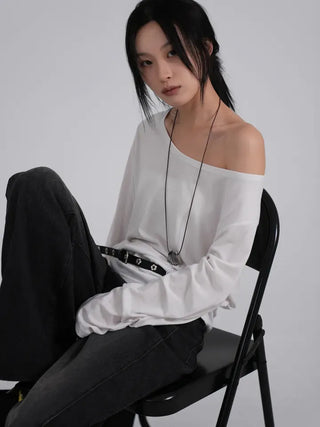 Polyester One-Shoulder Cream Loose Tee