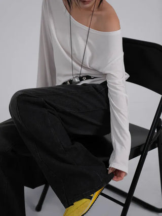 Polyester One-Shoulder Cream Loose Tee