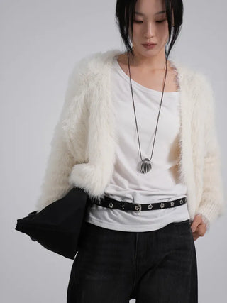 Polyester One-Shoulder Cream Loose Tee