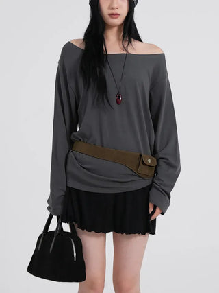 Polyester One-Shoulder Cream Loose Tee