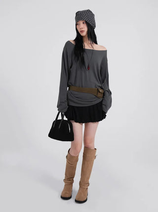 Polyester One-Shoulder Cream Loose Tee