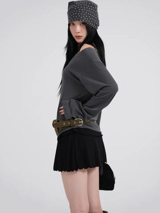 Polyester One-Shoulder Cream Loose Tee