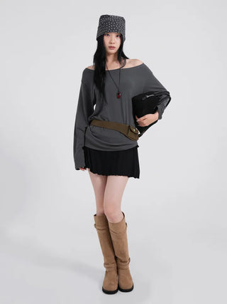 Polyester One-Shoulder Cream Loose Tee