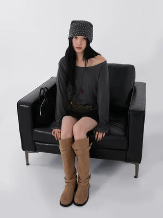 Polyester One-Shoulder Cream Loose Tee