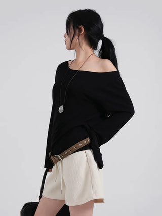 Polyester One-Shoulder Cream Loose Tee