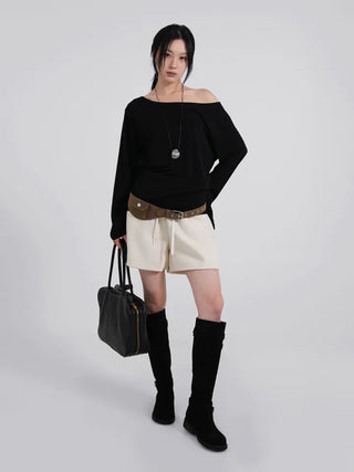 Polyester One-Shoulder Cream Loose Tee