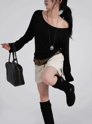 Polyester One-Shoulder Cream Loose Tee