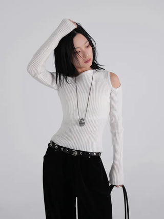 Soen Asymmetrical Shoulder Cutoff Ribbed Slim Knit