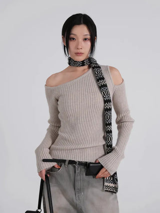 Soen Asymmetrical Shoulder Cutoff Ribbed Slim Knit