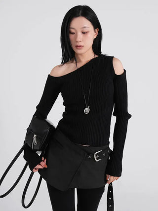 Soen Asymmetrical Shoulder Cutoff Ribbed Slim Knit