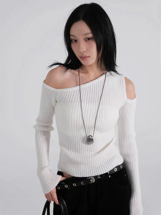 Soen Asymmetrical Shoulder Cutoff Ribbed Slim Knit
