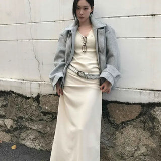 Folded H-line brushed maxi long skirt