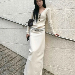 Folded H-line brushed maxi long skirt