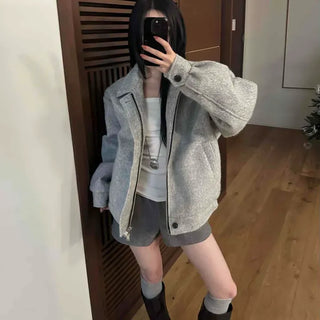 Loose Fit Wool Blend Collared Short Jacket