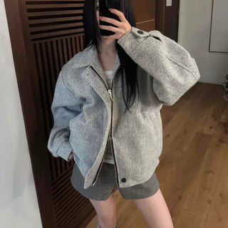 Loose Fit Wool Blend Collared Short Jacket