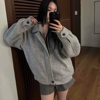 Loose Fit Wool Blend Collared Short Jacket