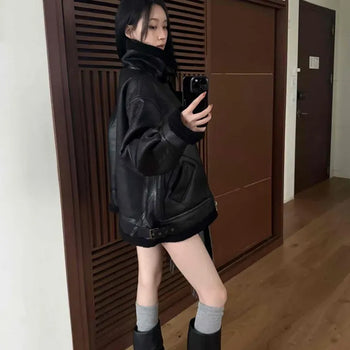 High-neck Loose-fit Leather Shearling Jacket