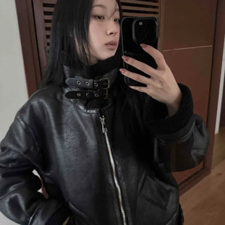High-neck Loose-fit Leather Shearling Jacket