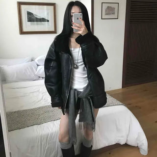 High-neck Loose-fit Leather Shearling Jacket