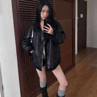 High-neck Loose-fit Leather Shearling Jacket