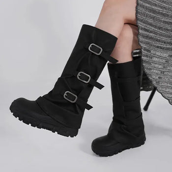 Aile Shirring Warmer Three-Buckle Long Boots