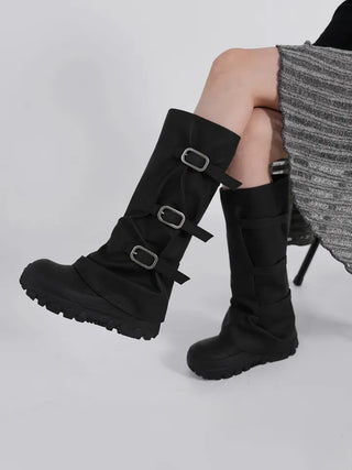 Aile Shirring Warmer Three-Buckle Long Boots