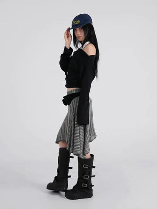Aile Shirring Warmer Three-Buckle Long Boots