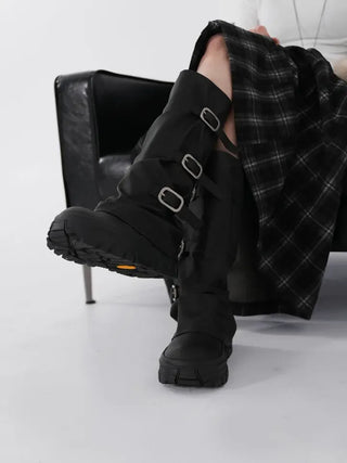 Aile Shirring Warmer Three-Buckle Long Boots