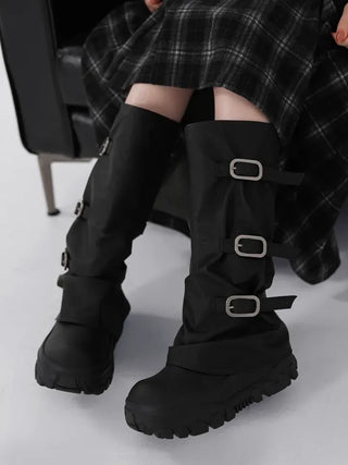 Aile Shirring Warmer Three-Buckle Long Boots