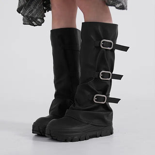 Aile Shirring Warmer Three-Buckle Long Boots
