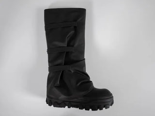 Aile Shirring Warmer Three-Buckle Long Boots