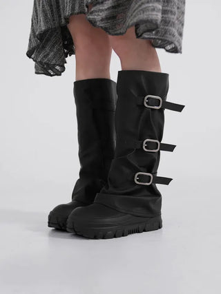 Aile Shirring Warmer Three-Buckle Long Boots