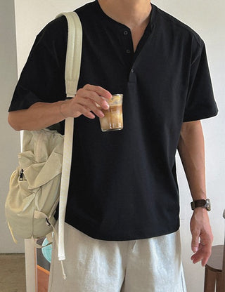 Combed Cotton Henley Neck Short Sleeve T-shirt (4 colors, M~XL)