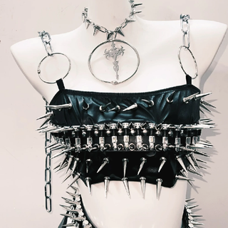 O ring rivet PU leather metal chain belt mini skirt set