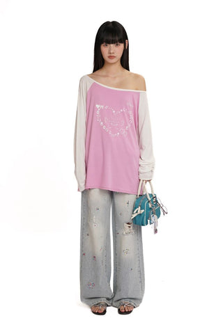 [Moromoro2] Y2K Bunny Print Wide Neckline Raglan  Tee