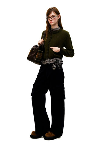 [Moromoro2] Distressed Plaid Corduroy Cargo  Pants