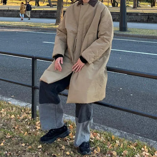 Corduroy two-tone long down jacket