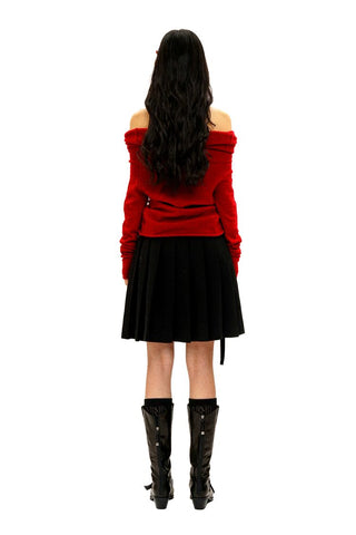 [Moromoro2] Bow Pleated Off-shoulder Knit  Sweater