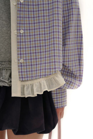 [Moromoro2] Layered Lace Hem Plaid Embroidered  Shirt