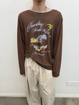 [NEVERSEEZ] Linen Blend Layered Neckline Long Sleeve Tee