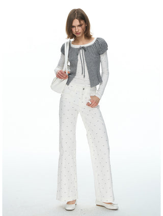 [NECY] Ribbon Allover White Jeans