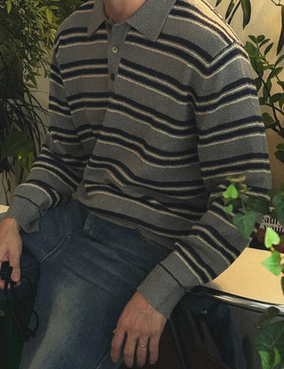 Boucle Stripe Collared Long-Sleeve Knit (3 colors, M~L)