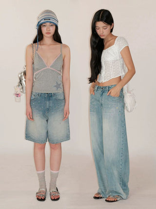 [Moromoro2] Rhinestone Bow Embroidered  Denim